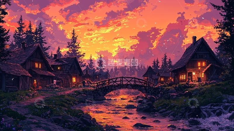 高清大图下载【趣麦麦图】夕阳下的森林小镇