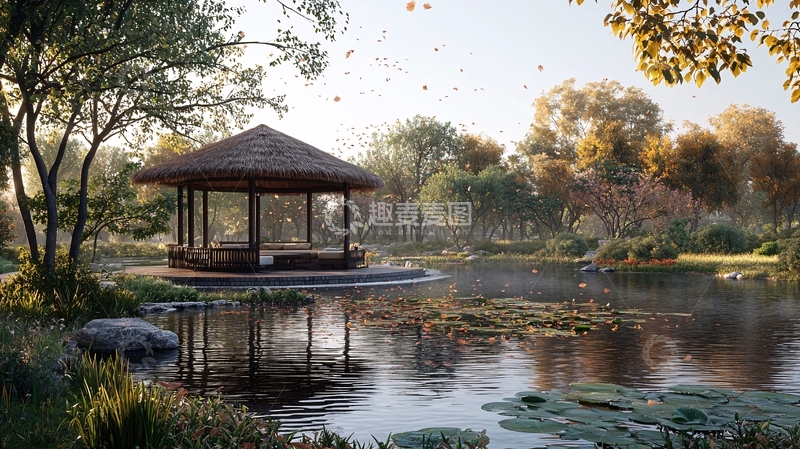 高清大图下载【趣麦麦图】秋日清晨的湖边凉亭