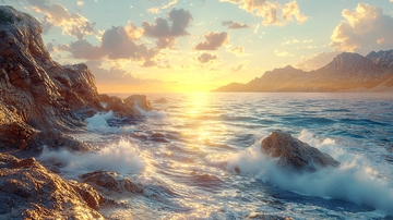 海边日落岩石浪花