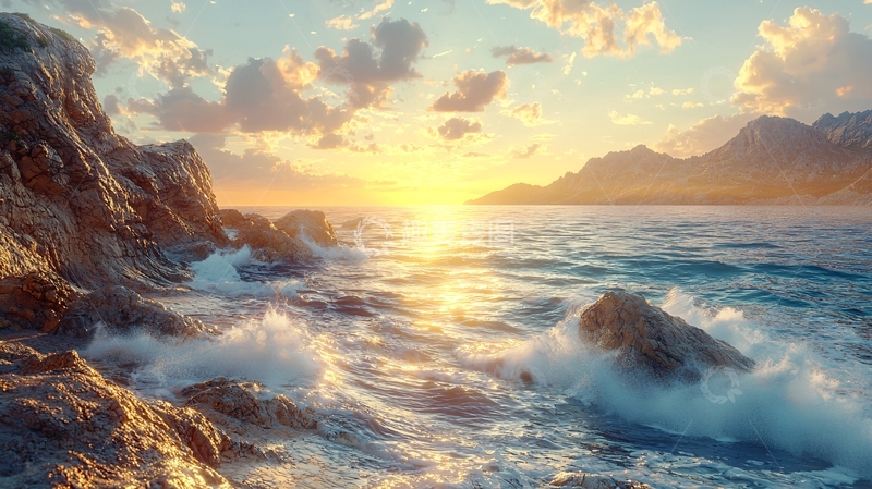 高清大图下载【趣麦麦图】海边日落岩石浪花