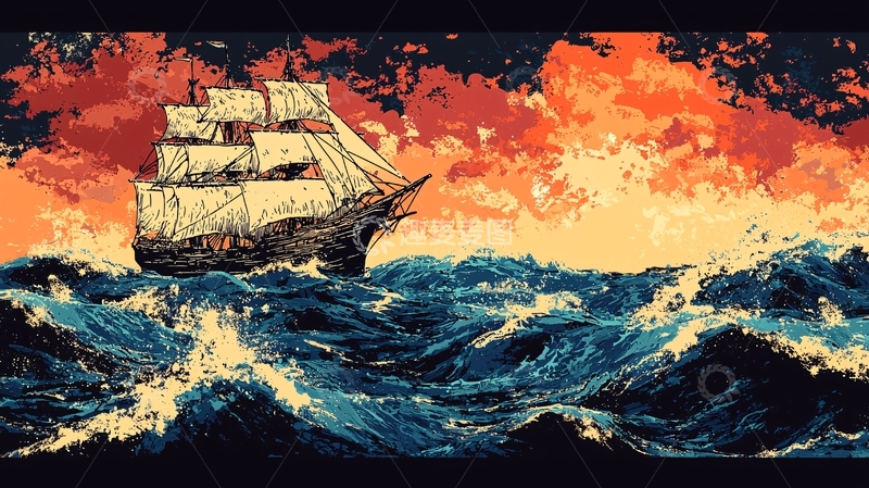 高清大图下载【趣麦麦图】航海时代帆船夕阳大海