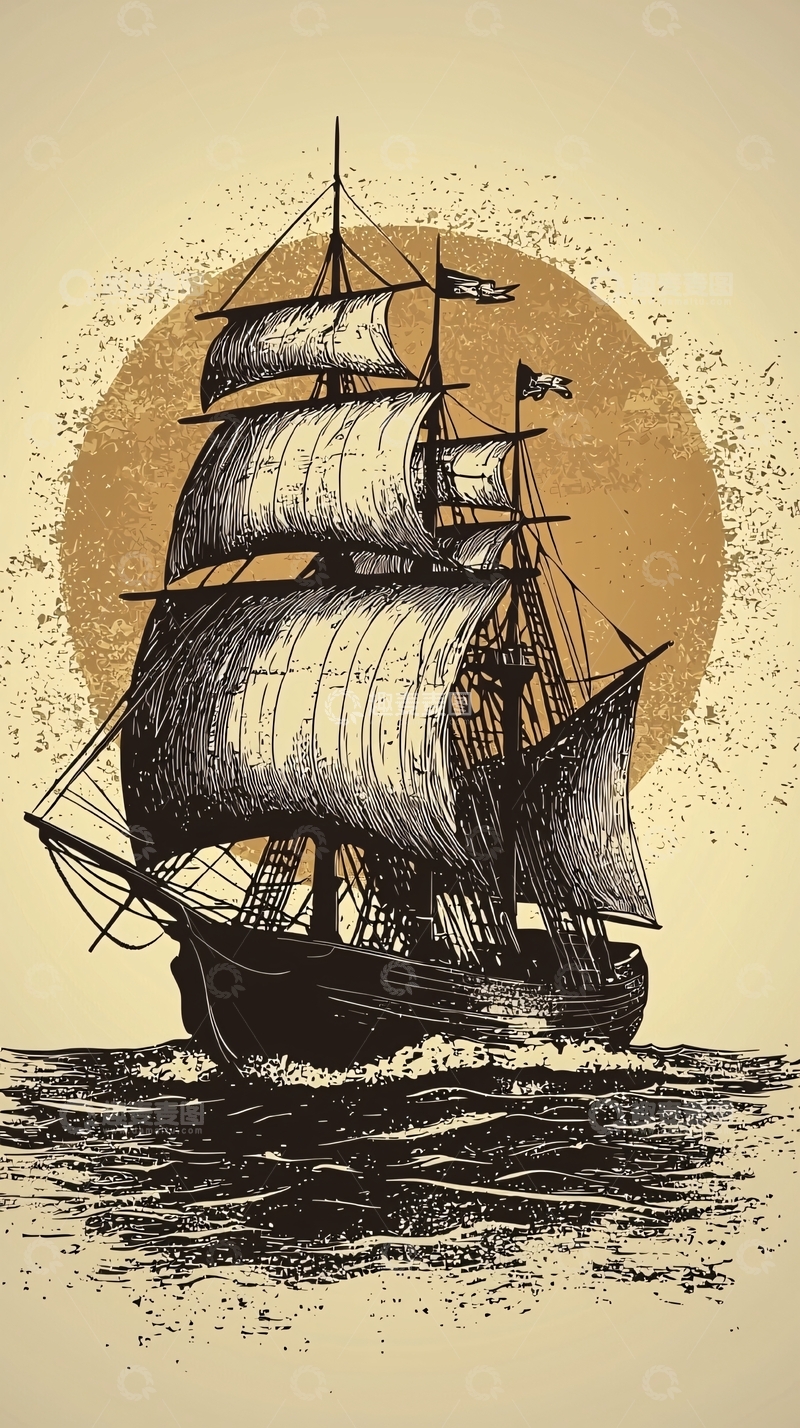 高清大图下载【趣麦麦图】复古帆船日落剪影