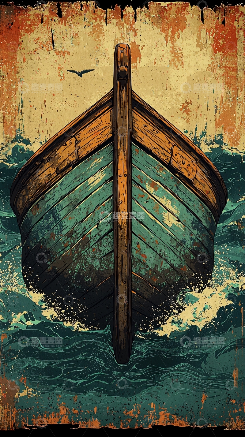 高清大图下载【趣麦麦图】复古木船大海航行