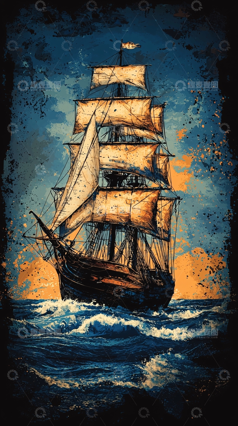 高清大图下载【趣麦麦图】复古帆船海景油画