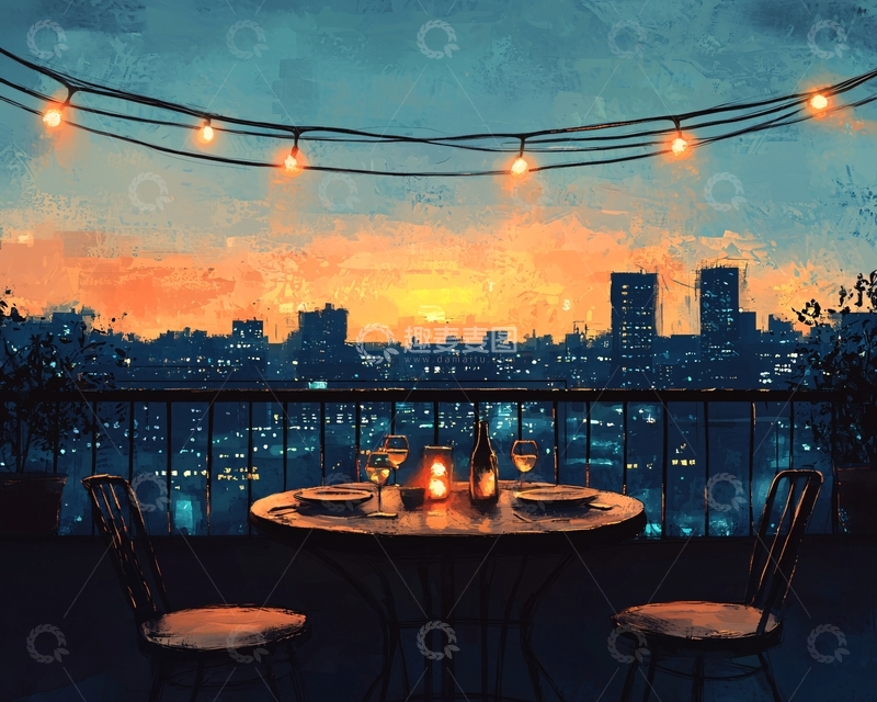 高清大图下载【趣麦麦图】-夜晚城市阳台浪漫晚餐