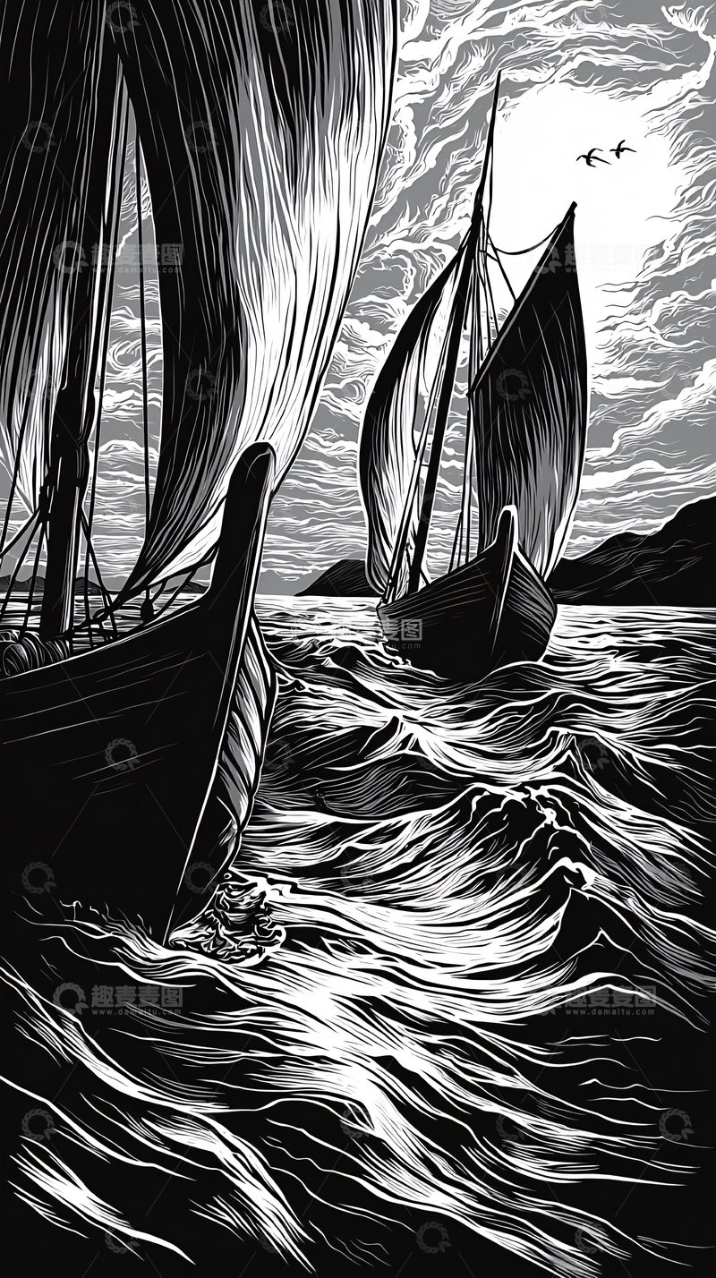 高清大图下载【趣麦麦图】黑白航海画