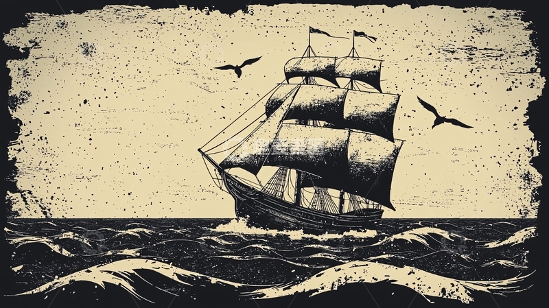高清大图下载【趣麦麦图】复古风格航海帆船图画