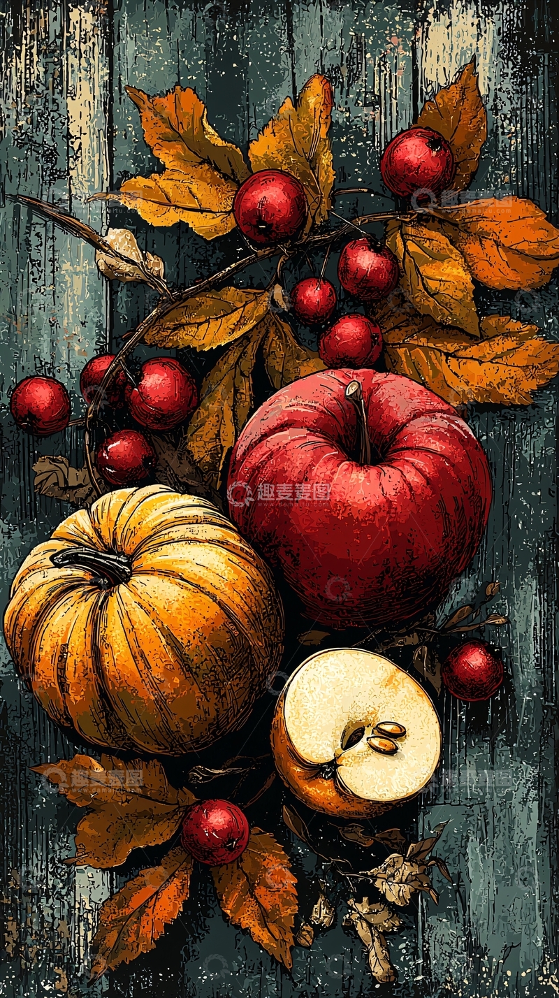 高清大图下载【趣麦麦图】秋季水果静物油画