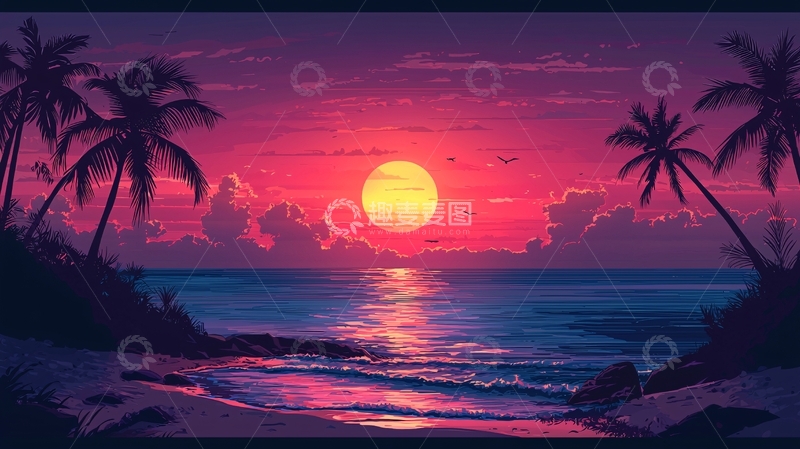 高清大图下载【趣麦麦图】热带海滩日落剪影