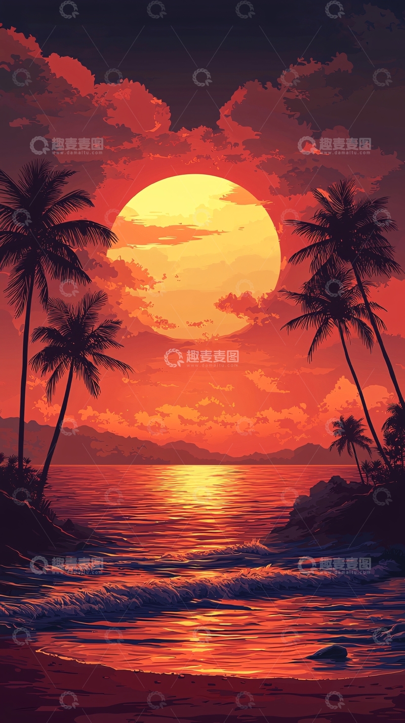 高清大图下载【趣麦麦图】红日落椰树海滩风景图