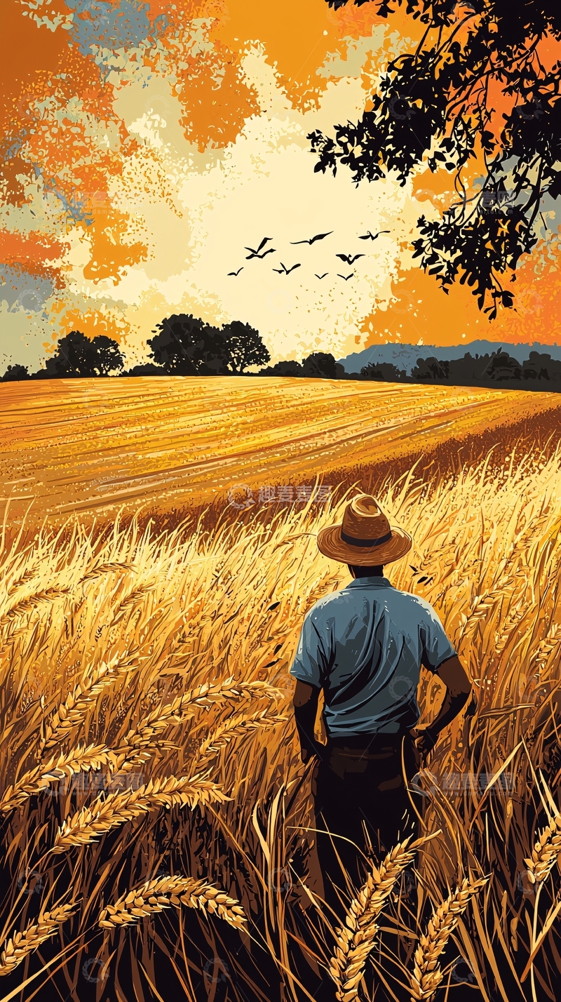 高清大图下载【趣麦麦图】金色麦田落日农夫