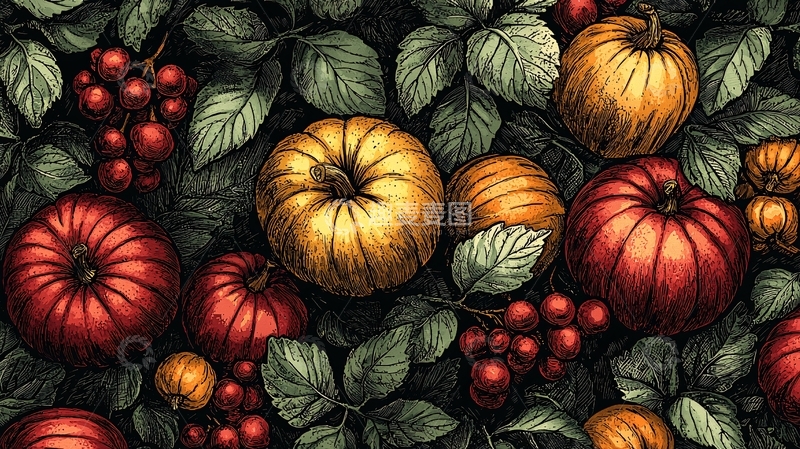 高清大图下载【趣麦麦图】暗色系南瓜苹果浆果手绘图案