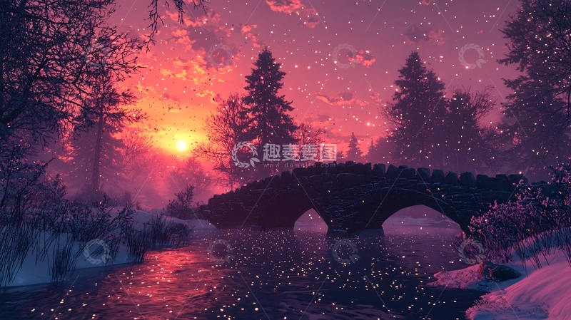 高清大图下载【趣麦麦图】雪中落日下的森林小桥