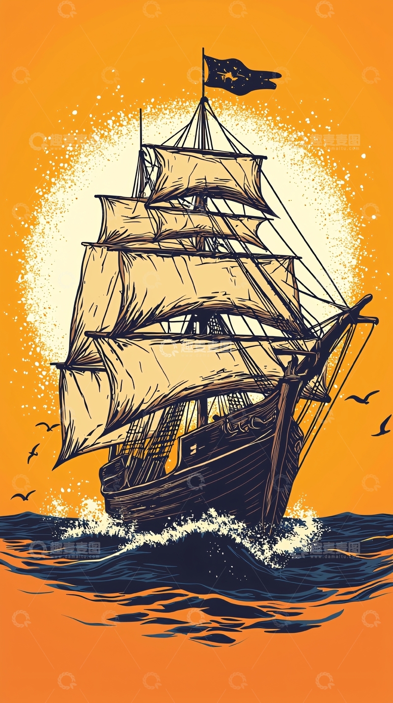 高清大图下载【趣麦麦图】航海时代帆船日落