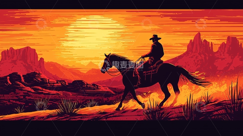 高清大图下载【趣麦麦图】落日下骑马的牛仔
