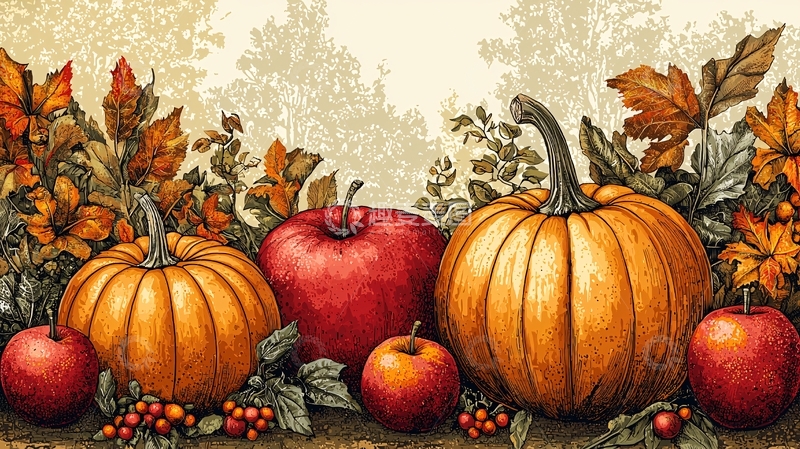 高清大图下载【趣麦麦图】秋季丰收南瓜苹果静物画