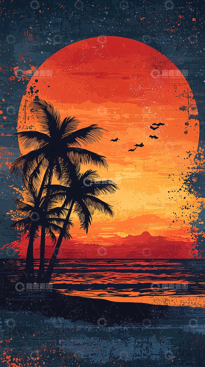 高清大图下载【趣麦麦图】日落椰树海滩风景
