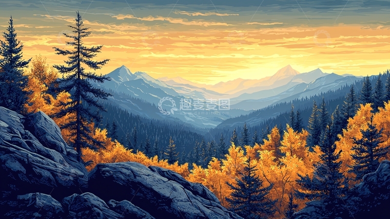 高清大图下载【趣麦麦图】山脉日落秋景图