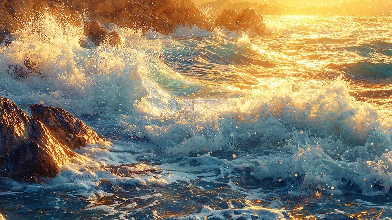 高清大图下载【趣麦麦图】金色夕阳下的海浪拍打岩石