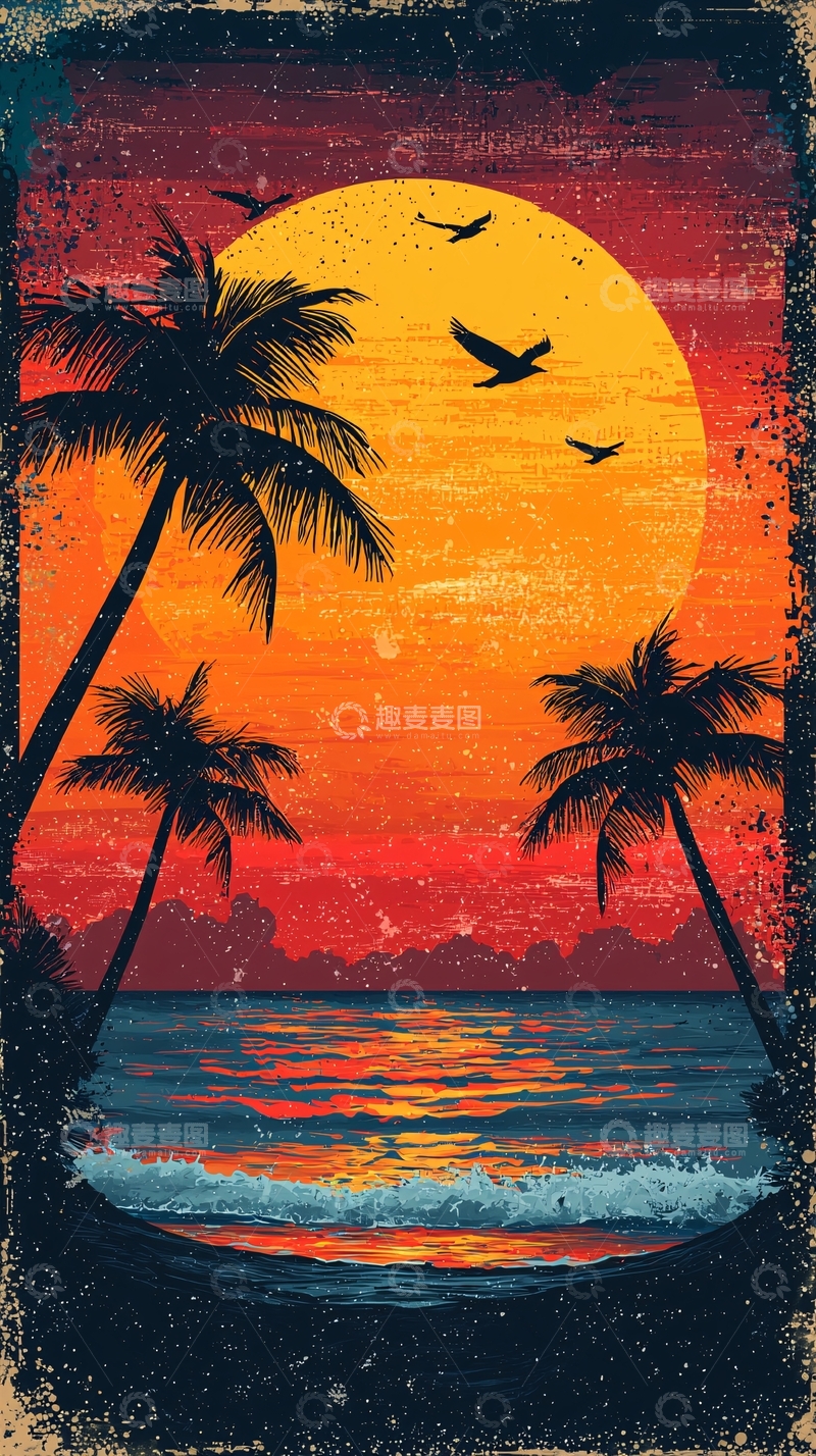 高清大图下载【趣麦麦图】日落海滩椰子树