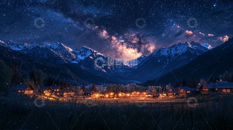 高清大图下载【趣麦麦图】星空下的雪山村庄