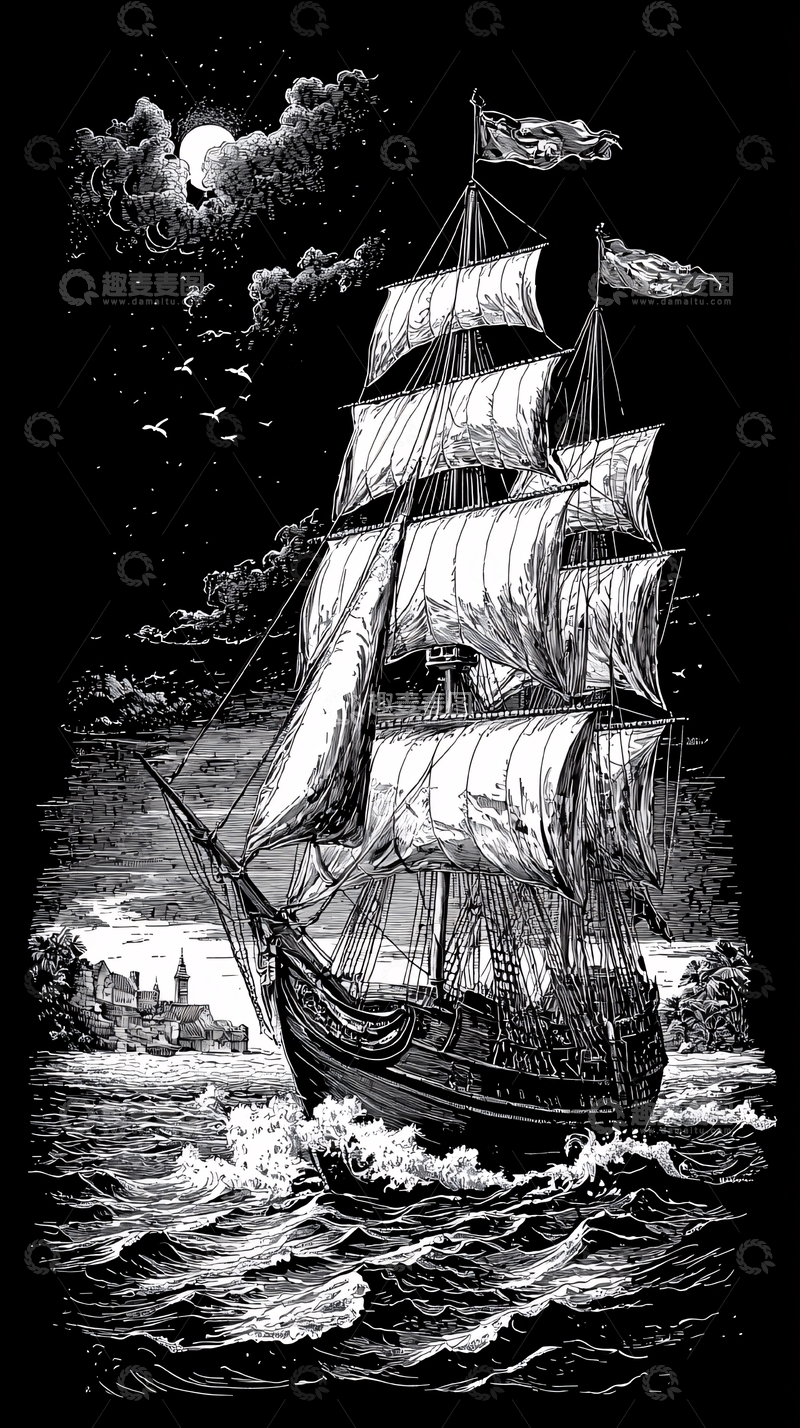 高清大图下载【趣麦麦图】黑夜航行的古典帆船