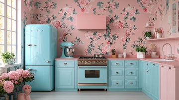 粉色花卉壁纸厨房