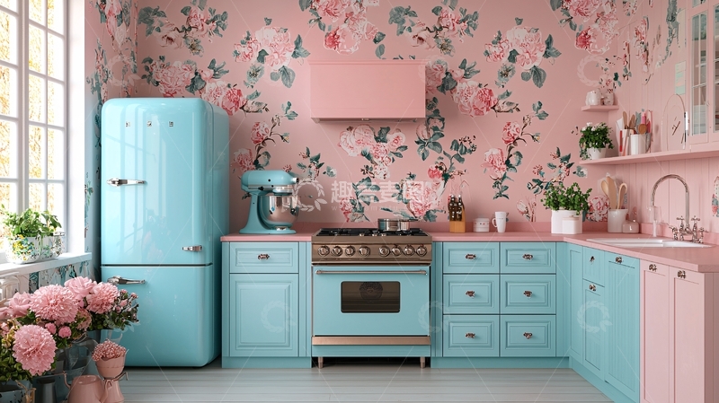 高清大图下载【趣麦麦图】粉色花卉壁纸厨房