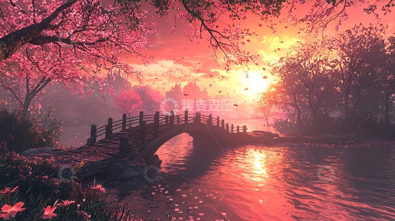 高清大图下载【趣麦麦图】唯美桥梁日落风景图