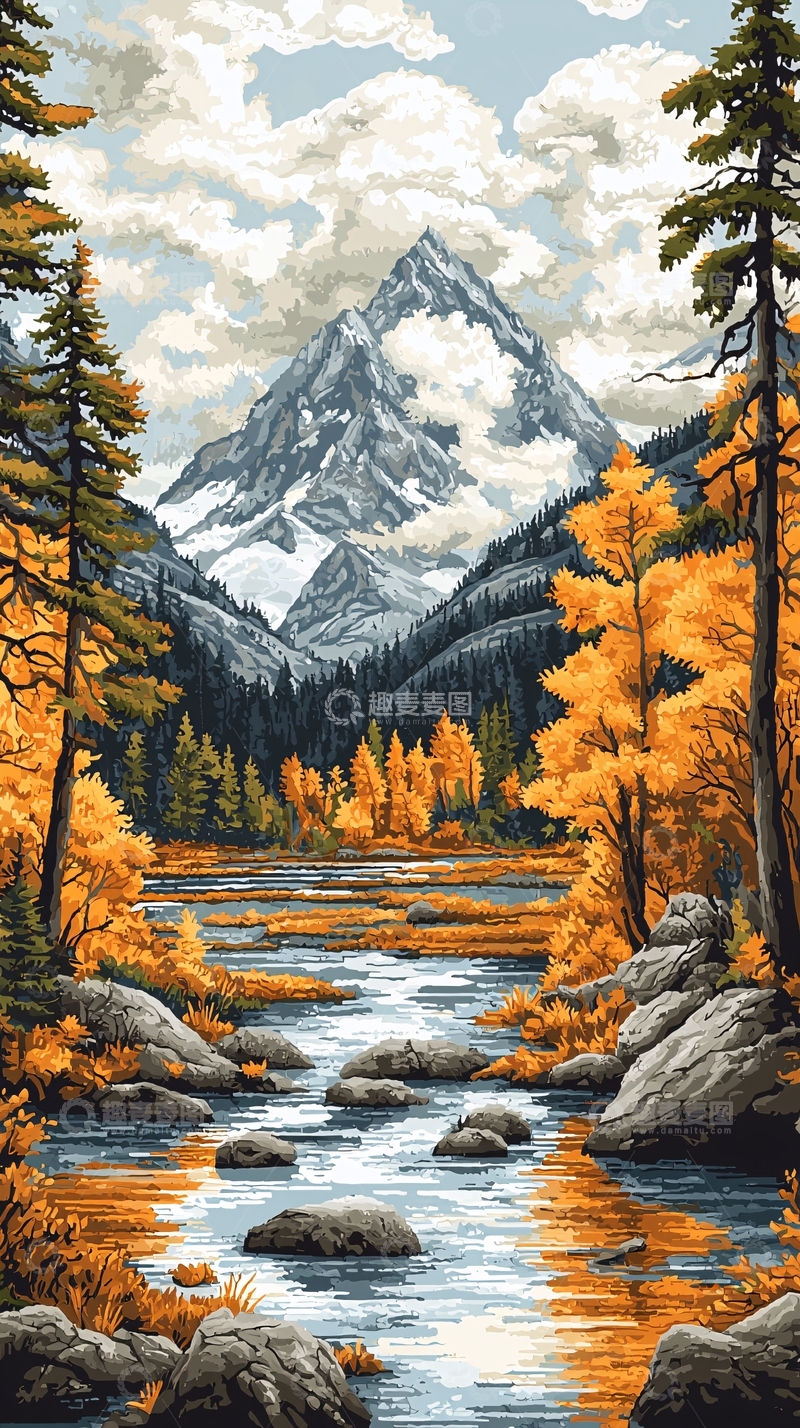 高清大图下载【趣麦麦图】秋日山林溪流景色