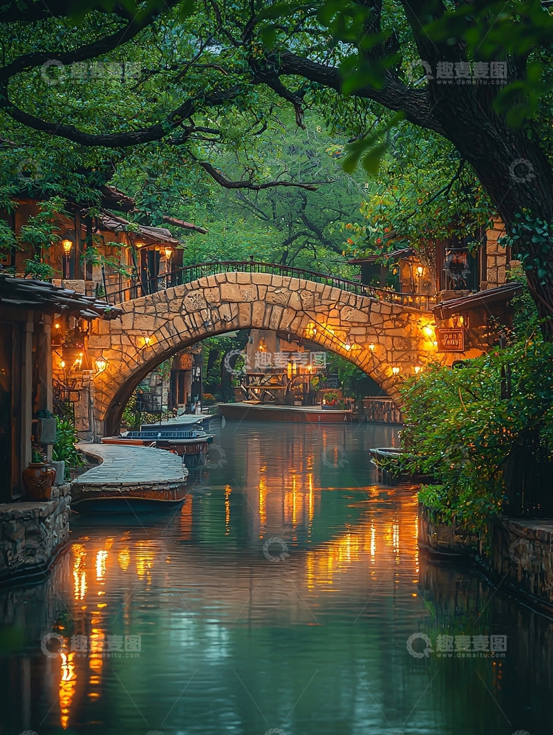 高清大图下载【趣麦麦图】绿树掩映下的石桥夜景