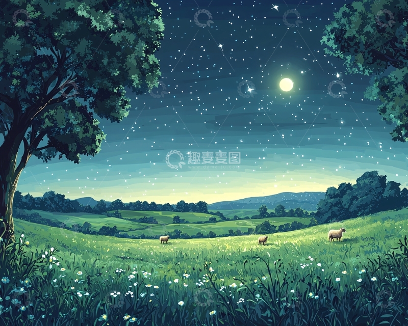 高清大图下载【趣麦麦图】月光下的田园牧歌