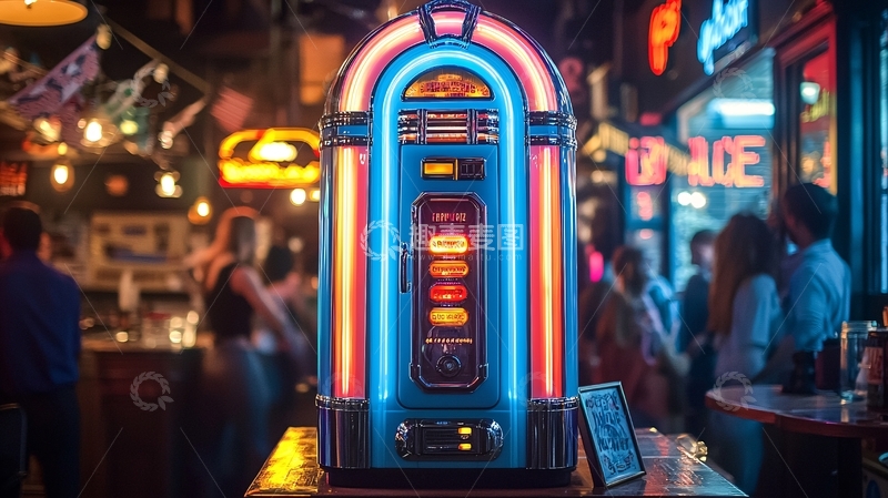 高清大图下载【趣麦麦图】霓虹灯点亮的点唱机