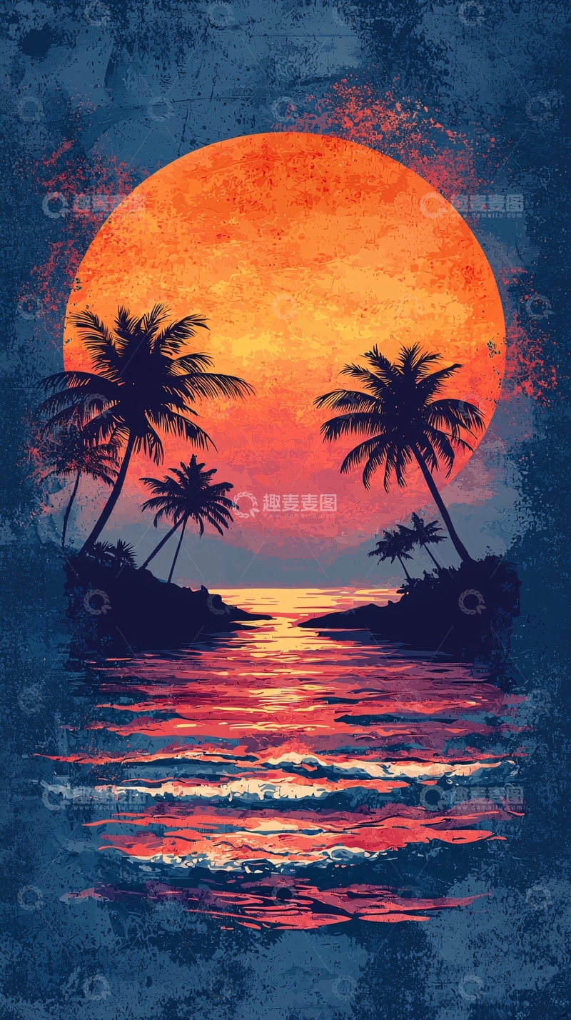 高清大图下载【趣麦麦图】日落椰树海滩风景