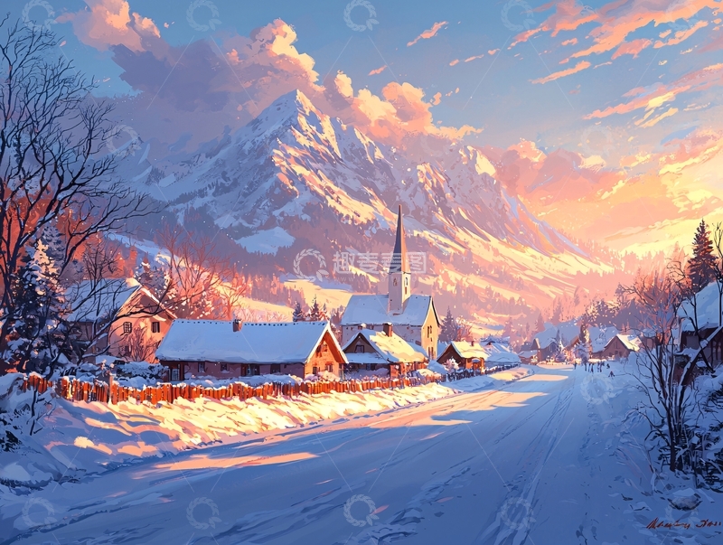 高清大图下载【趣麦麦图】雪山下的村庄