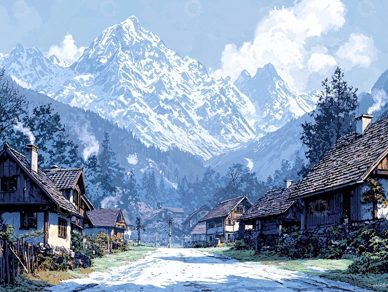 高清大图下载【趣麦麦图】雪山山村风景图