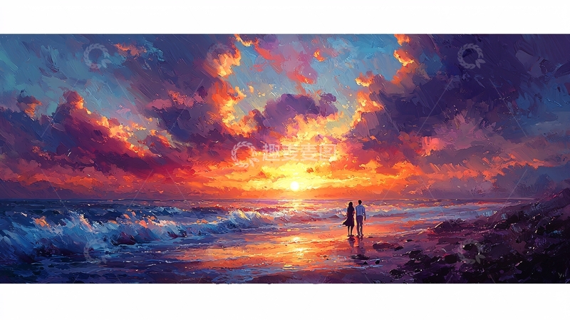 高清大图下载【趣麦麦图】日落海边情侣剪影