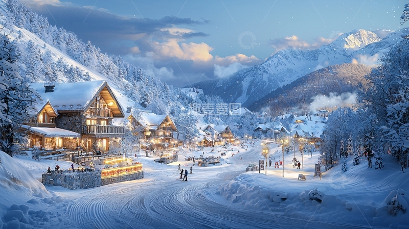 高清大图下载【趣麦麦图】雪山小镇夜景