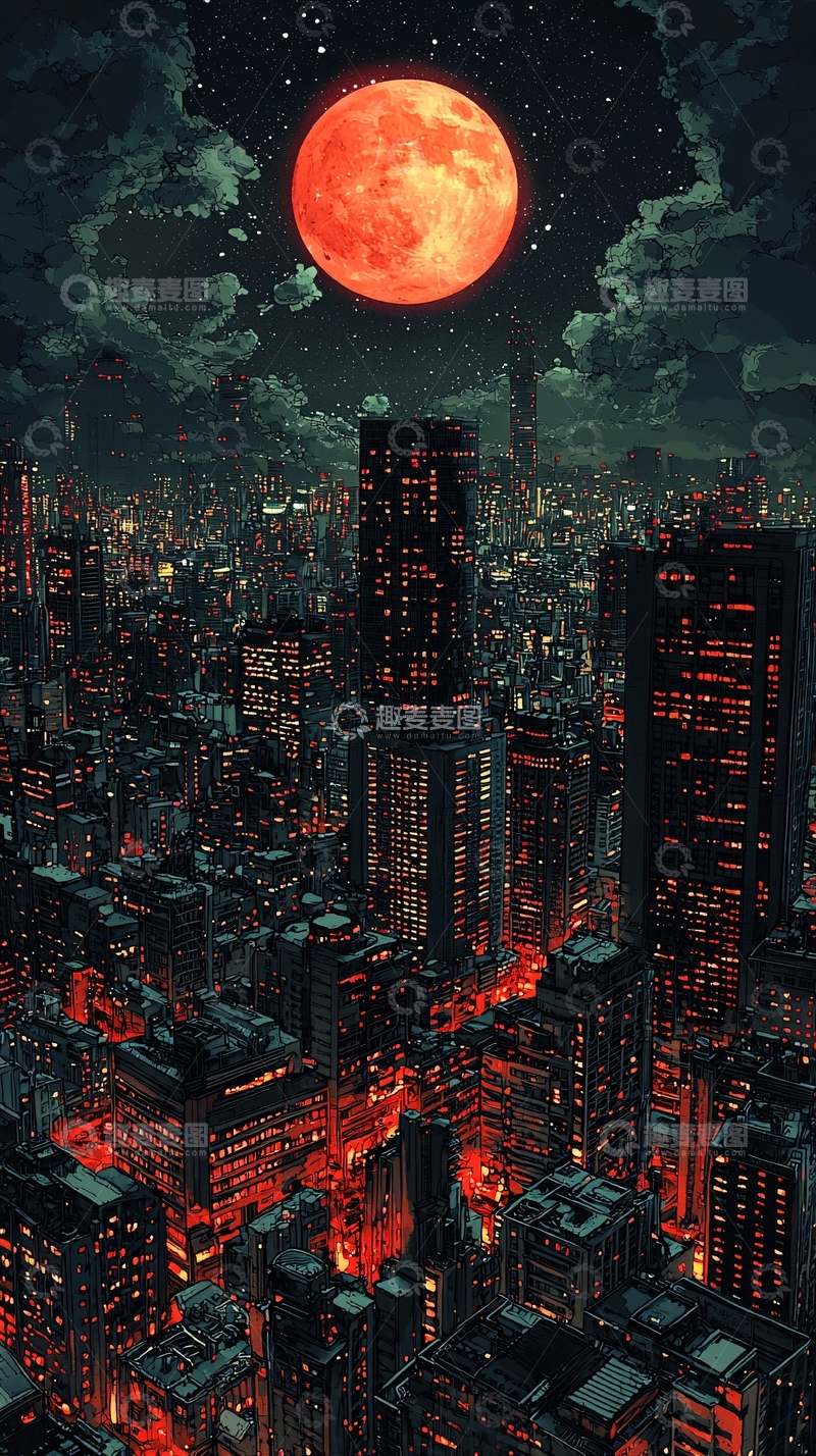 高清大图下载【趣麦麦图】血月下的都市夜景