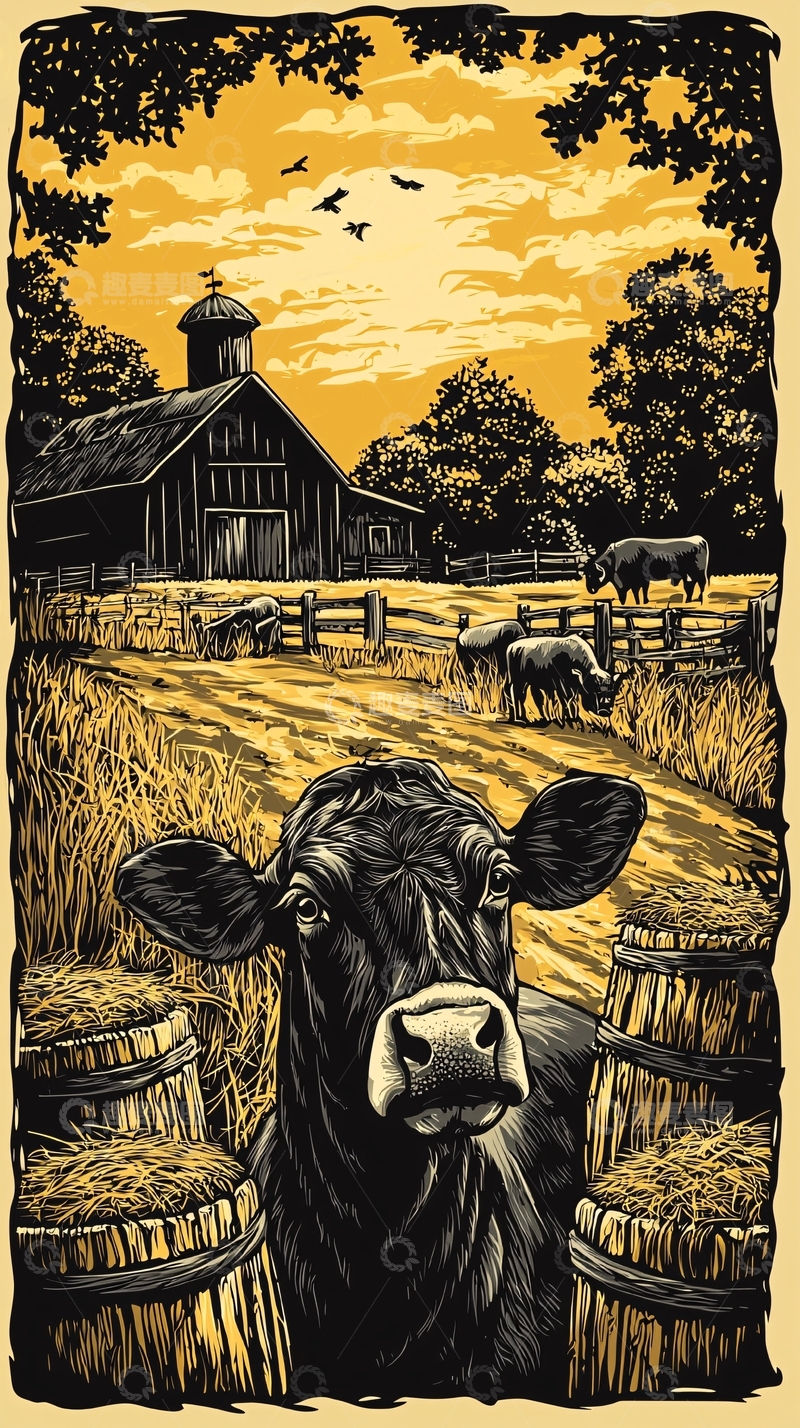 高清大图下载【趣麦麦图】黄昏农场牛群剪影