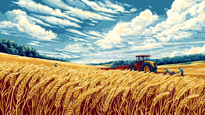 高清大图下载【趣麦麦图】金黄麦田下的收割场景