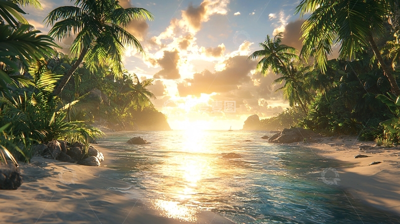 高清大图下载【趣麦麦图】热带海滩落日美景