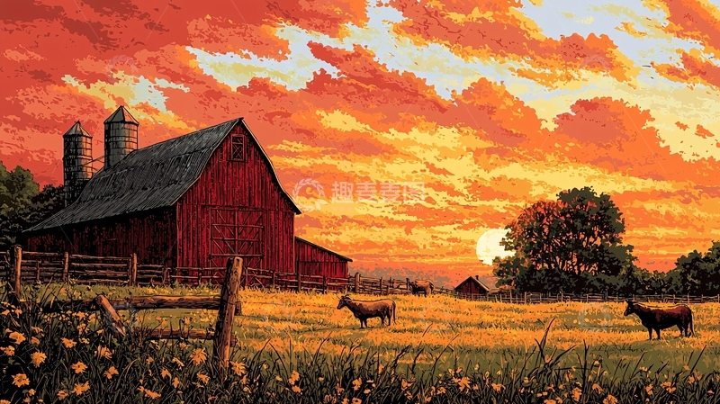 高清大图下载【趣麦麦图】红色谷仓日落