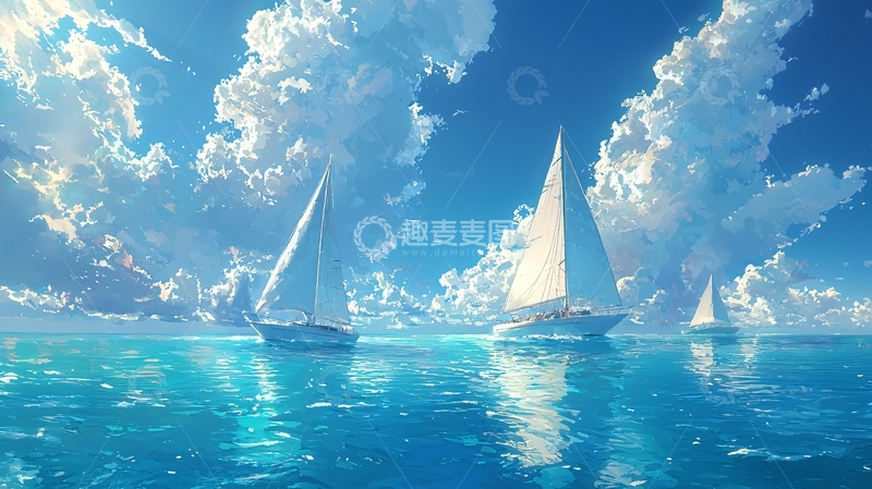 高清大图下载【趣麦麦图】阳光明媚大海帆船