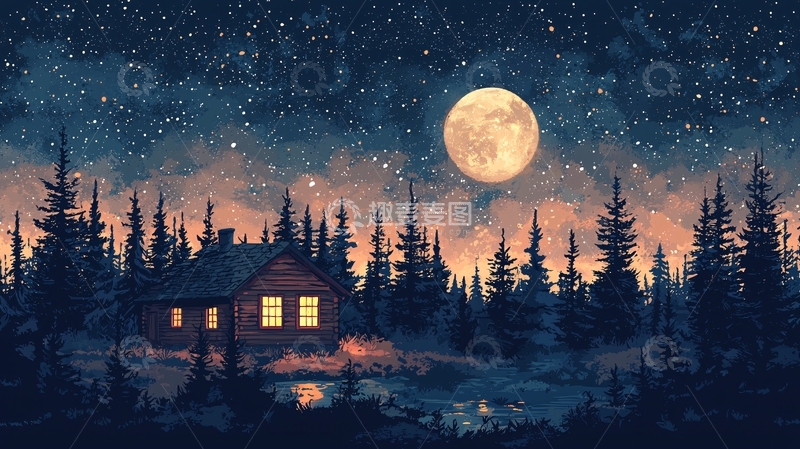 高清大图下载【趣麦麦图】夜晚森林小屋