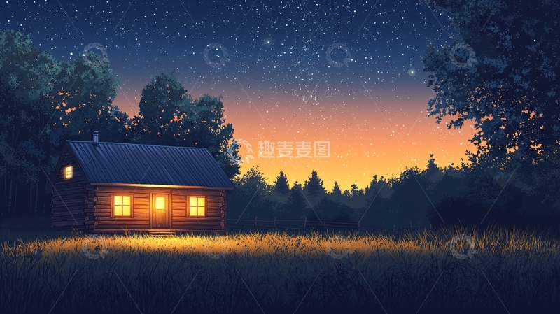 高清大图下载【趣麦麦图】夜晚森林小屋