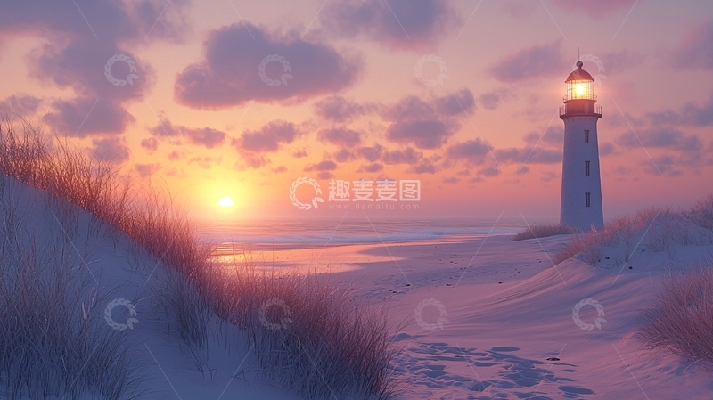 高清大图下载【趣麦麦图】日落海滩灯塔风景