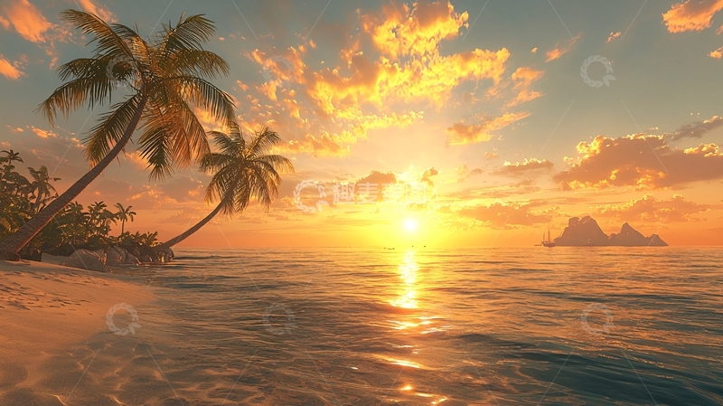 高清大图下载【趣麦麦图】热带海滩夕阳景色