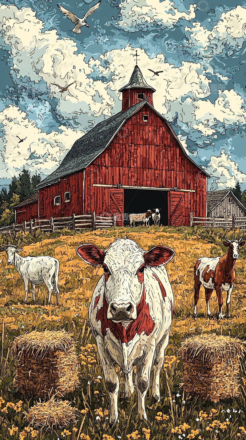 高清大图下载【趣麦麦图】乡村红谷仓农场景色