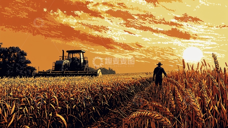高清大图下载【趣麦麦图】日落麦田农夫拖拉机